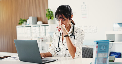 Buy stock photo Laptop, woman and doctor with stress in hospital for research on clinical trial with mistake. Computer, burnout and female healthcare worker with anxiety for medical diagnosis with error results.