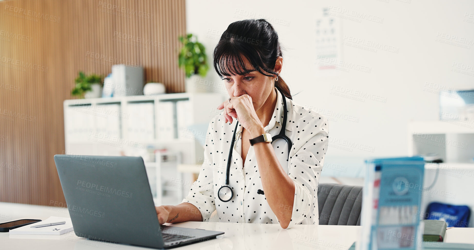 Buy stock photo Laptop, woman and doctor with stress in hospital for research on clinical trial with mistake. Computer, burnout and female healthcare worker with anxiety for medical diagnosis with error results.