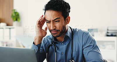 Buy stock photo Frustrated man, doctor and headache with laptop for overworked strain or pressure in hospital. Tired, male person or medical worker with migraine on computer for stress, fatigue or burnout in clinic
