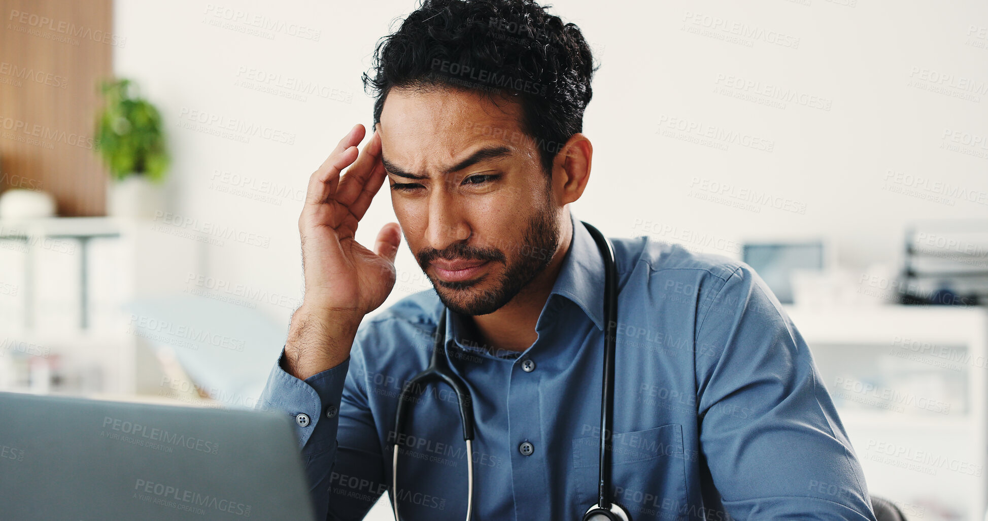 Buy stock photo Frustrated man, doctor and headache with laptop for overworked strain or pressure in hospital. Tired, male person or medical worker with migraine on computer for stress, fatigue or burnout in clinic