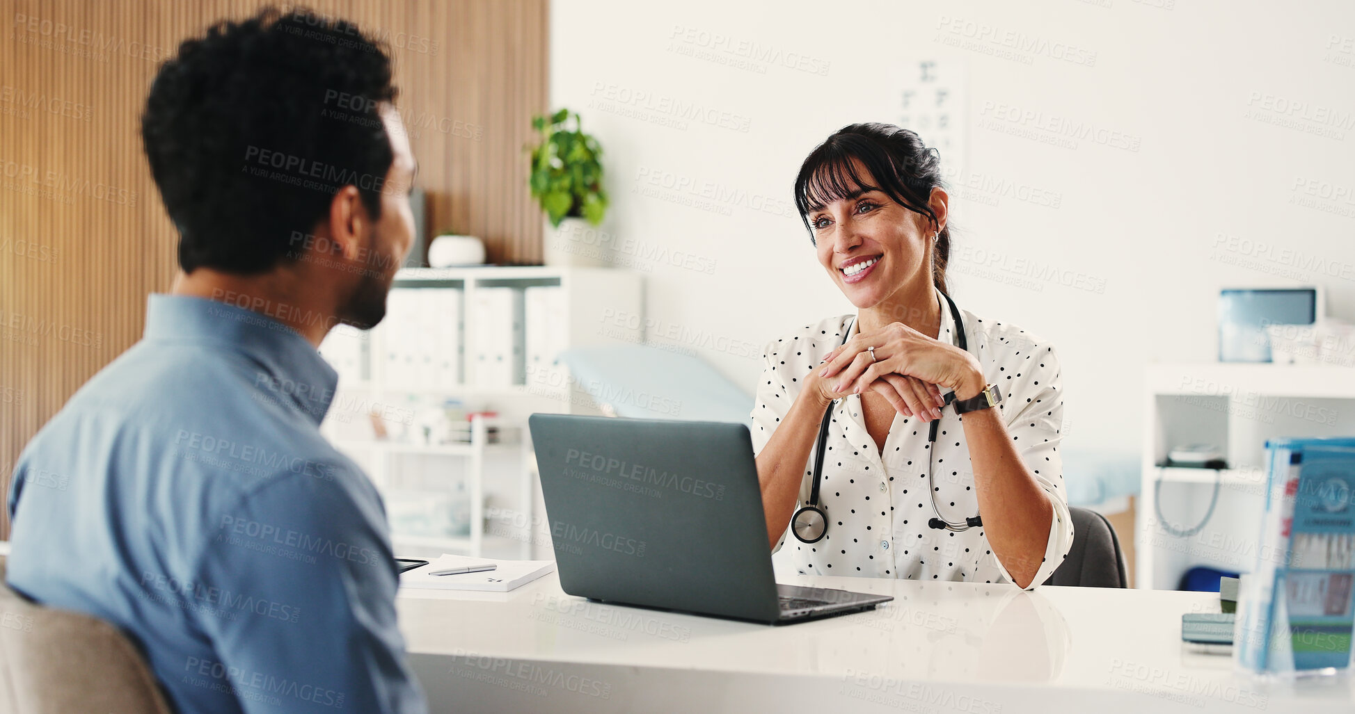 Buy stock photo Woman, physician or patient with laptop in office for consultation, healthcare service or appointment. Medical checkup, discussion or friendly doctor with client for wellness assessment, pc or smile