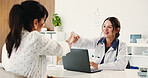 Women, handshake and doctor with patient, hospital and happy for medical appointment or consultation. Clinic, greeting and shaking hands with healthcare worker and people with laptop for diagnosis