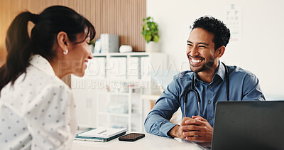 Buy stock photo Man, doctor or patient with laptop in office for consultation, healthcare service or checkup appointment. Medical assessment, discussion or friendly gp with client for illness treatment, pc or smile