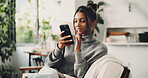 Phone, relax and woman on sofa in home with texting, social media or networking on mobile app. Happy, technology and female person with cellphone for chatting, contact or communication in living room