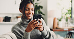 Phone, smile and woman on sofa in home with texting, social media or networking on mobile app. Happy, technology and female person with cellphone for chatting, contact or communication in living room