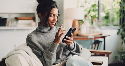 Buy stock photo Phone, happy and woman on sofa in home with texting, social media or networking on mobile app. Relax, technology and female person with cellphone for chatting, contact or communication in living room