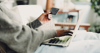 Buy stock photo Home, laptop and woman with credit card, hands or digital  service for electronic transaction. Ecommerce, pc or person on sofa, online banking or payment for website subscription, password or fintech