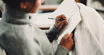 Buy stock photo Hands, notebook and writing with woman on sofa for inspiration, journal prompt and reminder. Reflection, agenda and planning with person in living room of home for diary, checklist and brainstorming