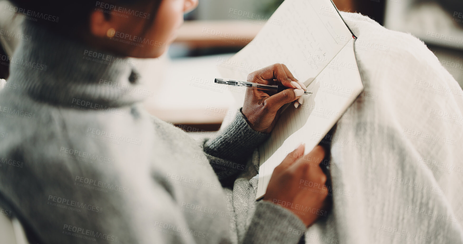Buy stock photo Hands, notebook and writing with woman on sofa for inspiration, journal prompt and reminder. Reflection, agenda and planning with person in living room of home for diary, checklist and brainstorming