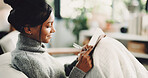 Smile, notebook and writing with woman on sofa for inspiration, journal prompt and reminder. Reflection, agenda and planning with person in living room of home for diary, checklist and brainstorming