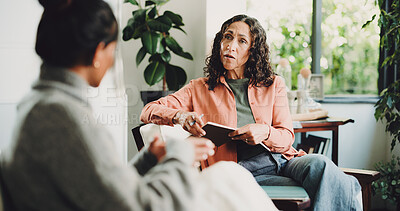 Buy stock photo Women, therapist and talking in office, evaluation or feedback for life coaching session. Discussion, psychologist or patient with anxiety, rehabilitation or person with depression or trauma recovery