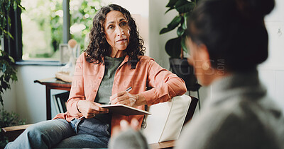 Buy stock photo Women, therapist and talking in office, appointment or feedback for life coaching session. Notebook, psychologist or patient with conversation, mental health or person with depression or consultation