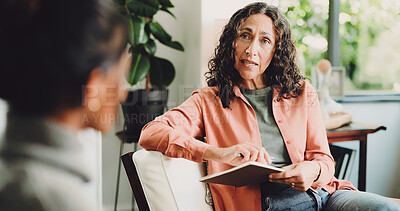 Buy stock photo Women, therapist and conversation in office, mental health and feedback for consultation. Notebook, psychologist and patient with appointment, support and person with depression and trauma recovery