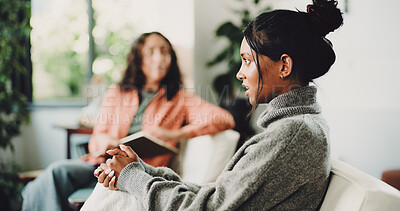 Buy stock photo Therapy, conversation and psychologist with patient on sofa in office for mental health support. Counseling, help and psychiatrist talking to woman with depression treatment with healing at clinic