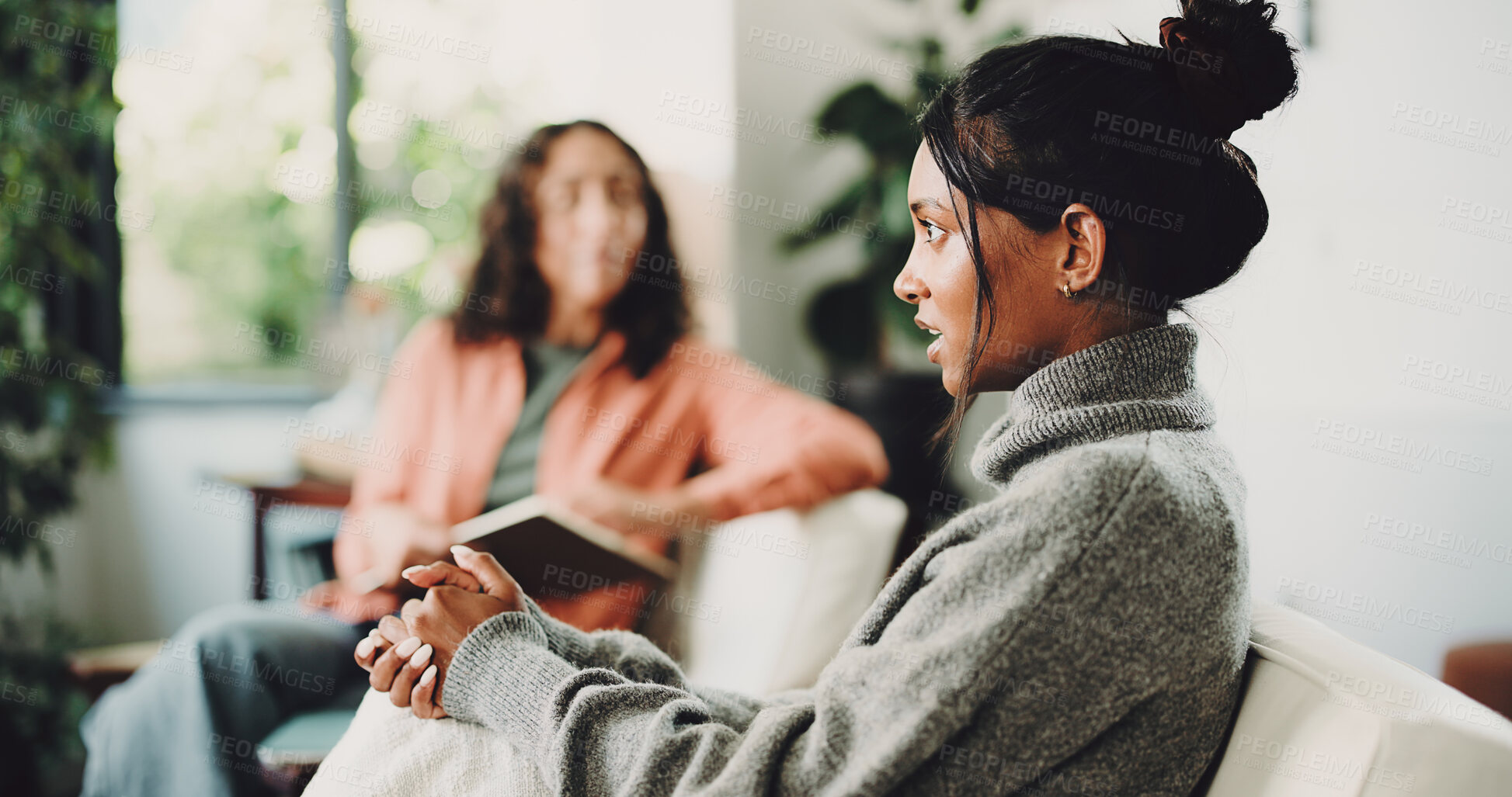 Buy stock photo Therapy, conversation and psychologist with patient on sofa in office for mental health support. Counseling, help and psychiatrist talking to woman with depression treatment with healing at clinic