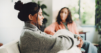 Buy stock photo Therapy, discussion and psychologist with patient on sofa in office for mental health support. Counseling, help and psychiatrist talking to woman with depression treatment with healing at clinic.