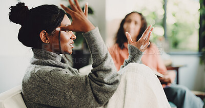 Buy stock photo Therapy, frustrated and psychologist with woman on sofa in office for mental health support. Counseling, talking and psychiatrist with female person with depression treatment with healing at clinic