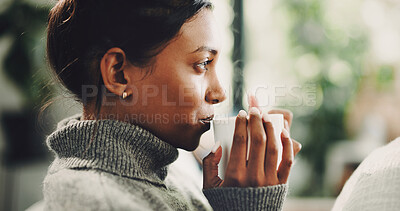 Buy stock photo Coffee, thinking and woman on sofa in home with relax, peaceful and nostalgic morning in living room. Cappuccino, drinking and female person with warm beverage for reflection or daydreaming in house.