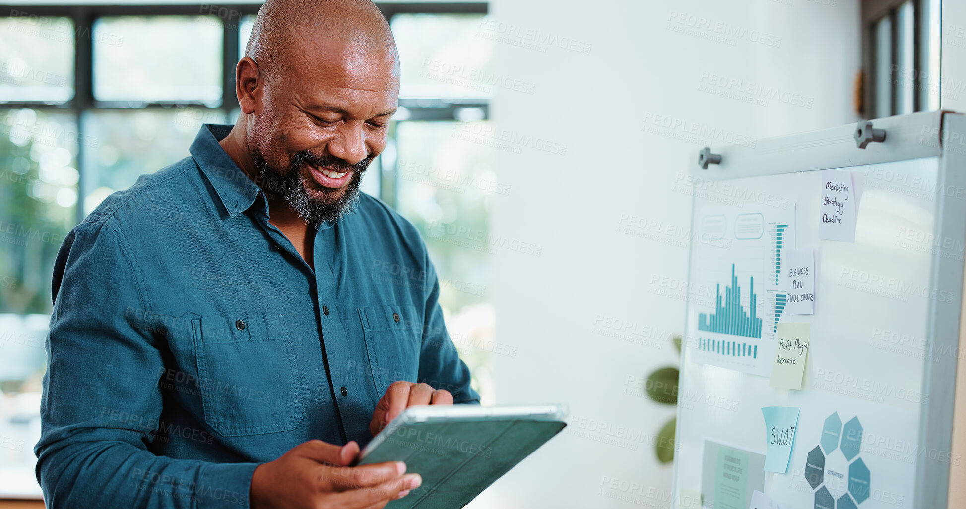 Buy stock photo Tablet, research and reading with business black man in office for funding chart, project performance and graph. Campaign manager, planning and online review with mature person for brand tracking