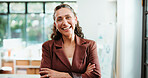Happy woman, portrait and pride with confidence for company development, finance or revenue service. Female person, accountant or financial planner with arms crossed for analytics or performance