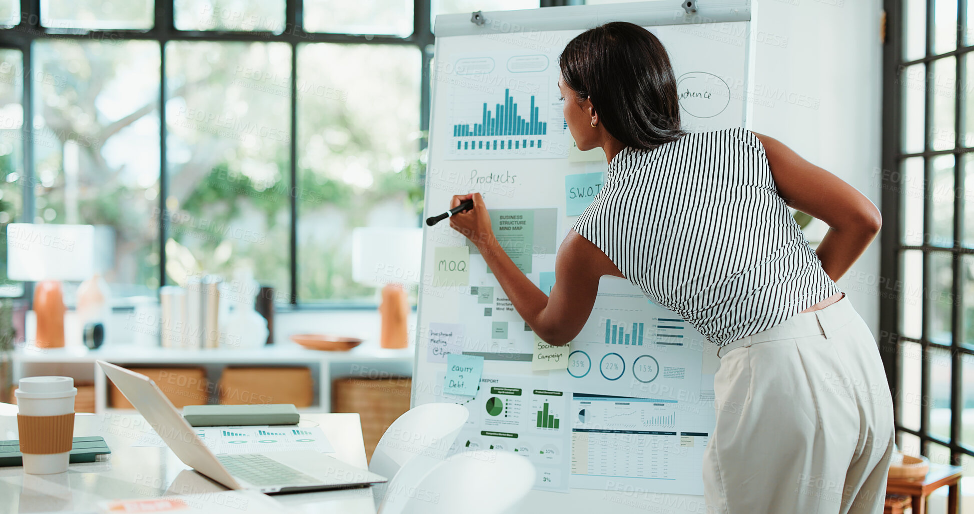 Buy stock photo Whiteboard, writing and woman in workplace, investor and planning for economy analysis. Professional, person and employee in office, brainstorming and stats for profit increase and trading portfolio