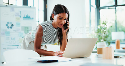 Buy stock photo Phone call, laptop and businesswoman in office with communication for finance negotiation. Cellphone, computer and female financial advisor on mobile discussion for investment deal in workplace.