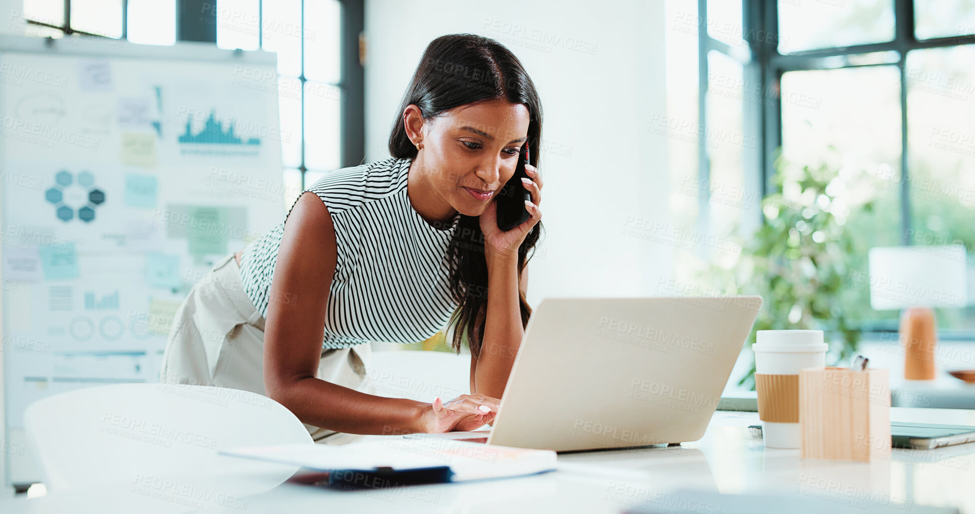 Buy stock photo Phone call, laptop and businesswoman in office with communication for finance negotiation. Cellphone, computer and female financial advisor on mobile discussion for investment deal in workplace.