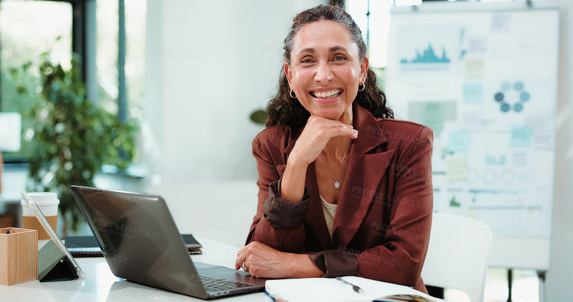 Buy stock photo Investor, portrait and woman in office, laptop and research for trading portfolio. Mature person, financial advisor and employee in workplace, pc and email for profit growth, smile and confidence