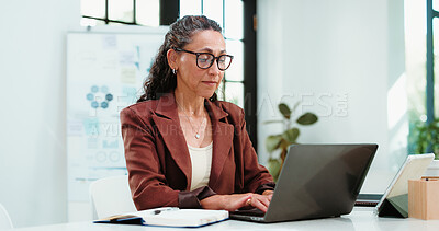 Buy stock photo Laptop, financial advisor and business woman in office for finance review, statistics or budget report. Corporate, planning and person on computer with graph, documents and research for kpi analysis