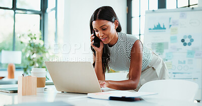 Buy stock photo Phone call, laptop and businesswoman in office with contact for finance negotiation. Cellphone, computer and female financial advisor on mobile discussion for investment deal with communication.