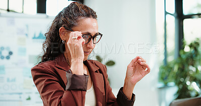 Buy stock photo Office, business and mature woman with glasses with graphs for kpi review, project and planning. Corporate, manager and person with frames for reading report for finance, statistics and research