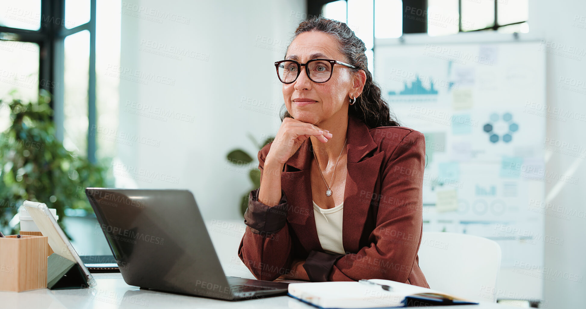 Buy stock photo Investor, thinking and woman in office, laptop and contemplation for trading portfolio. Mature person, financial advisor and employee with solution, decision and email for profit growth and planning