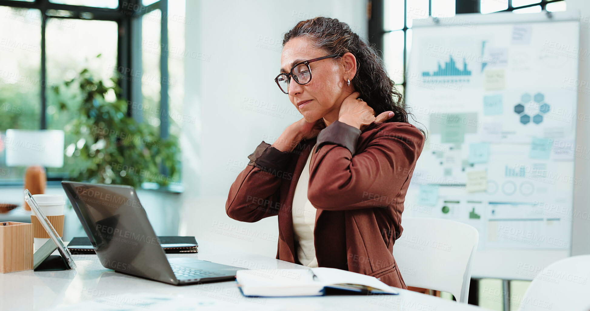 Buy stock photo Frustrated woman, laptop and neck pain with injury for stress, overworked or strain in office. Tired, female person or financial analyst with pressure on computer for discomfort or joint inflammation