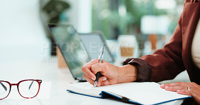 Buy stock photo Writing, business and hands of woman with notebook for budget planning, project and proposal. Professional, office and worker with diary for checklist, reminder and schedule for financial report