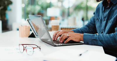 Buy stock photo Typing, business and hands of man on laptop for budget planning, research and proposal. Professional, review and worker on computer for financial report, investment and finance review in office