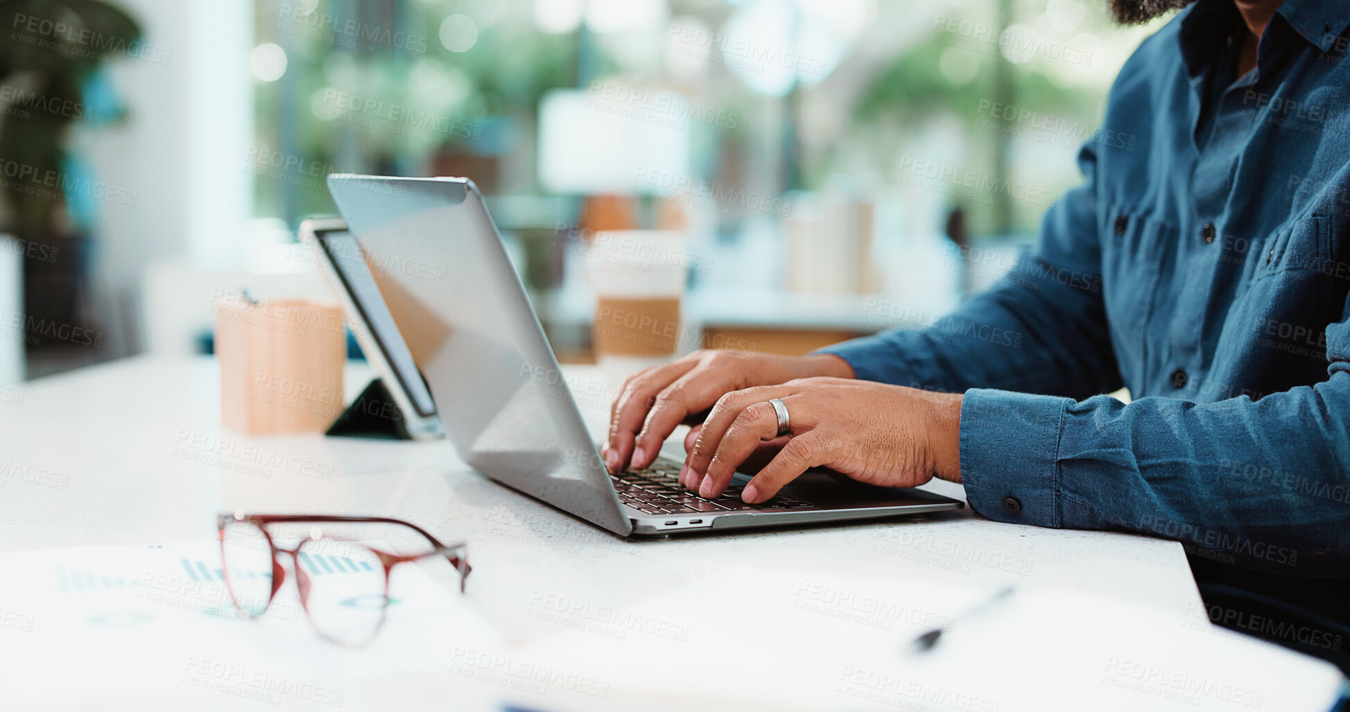 Buy stock photo Typing, business and hands of man on laptop for budget planning, research and proposal. Professional, review and worker on computer for financial report, investment and finance review in office