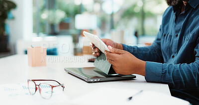 Buy stock photo Man, hands and journalist with tablet for online news, reading ebook or digital article in home. Male person, writer or glasses with technology for web publish, research or copywriting in house