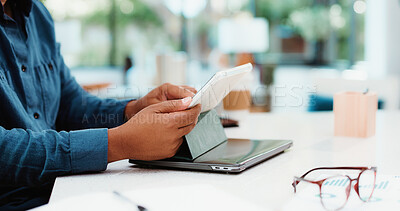 Buy stock photo Typing, business and hands of man on tablet for budget planning, research and online proposal. Professional, review and worker on digital tech for financial report, investment or finance in office