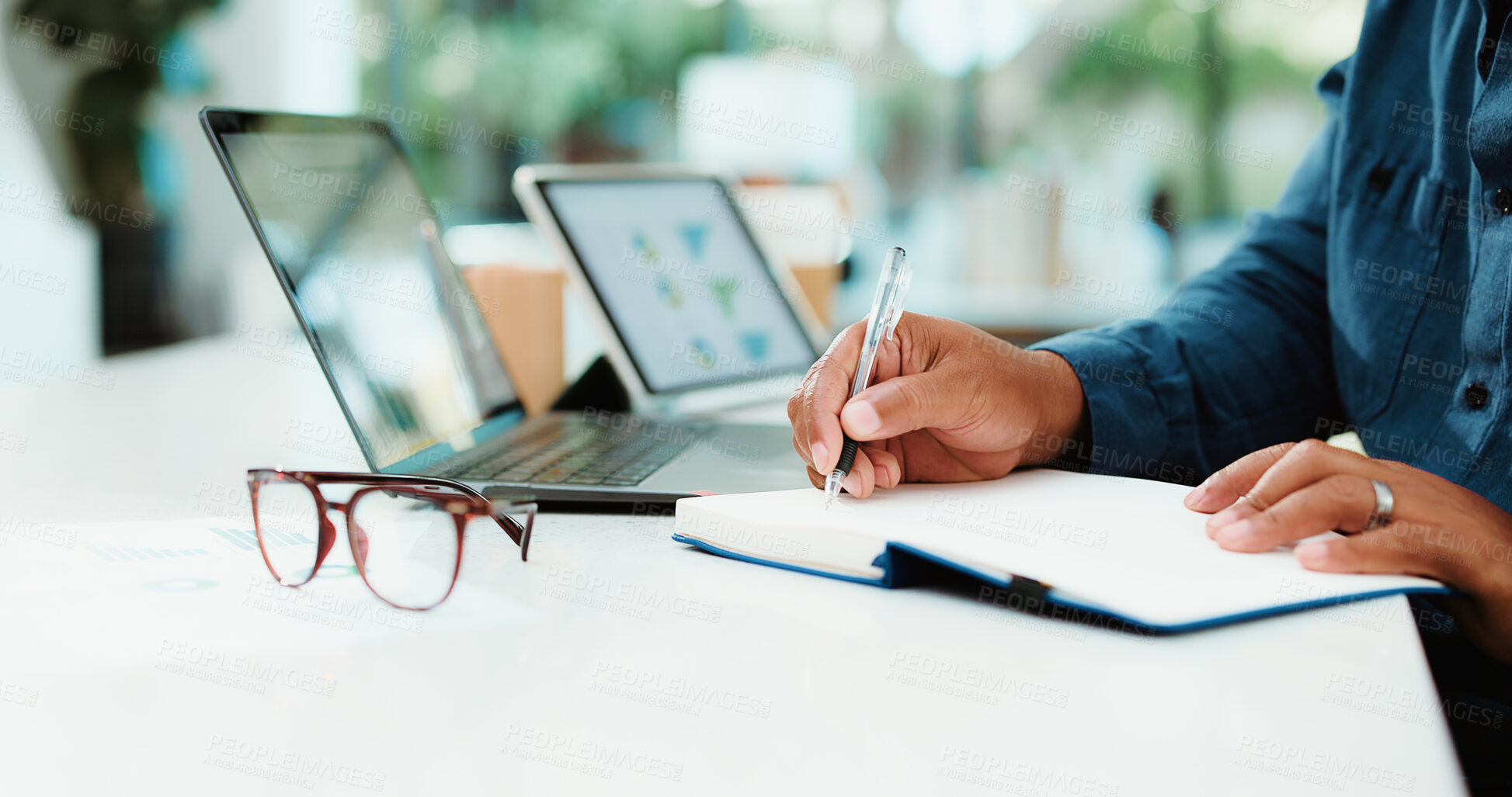 Buy stock photo Writing, business and hands of worker with notebook for budget planning, project and proposal. Professional, office and person with diary for checklist, reminder and schedule for financial report