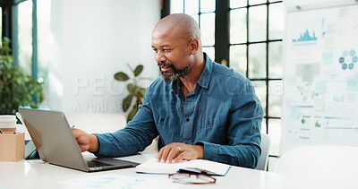 Buy stock photo Laptop, office and business black man with notebook for financial review, statistics and budget. Corporate, planning and person on computer with graph, documents and research for finance analysis