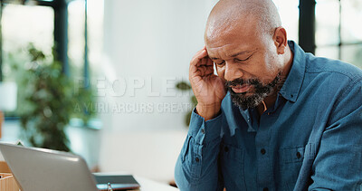 Buy stock photo Stress, headache and black man in office with laptop for mistake, error or failure on finance report. Computer, migraine and African financial manager with fatigue for investment deal in workplace.
