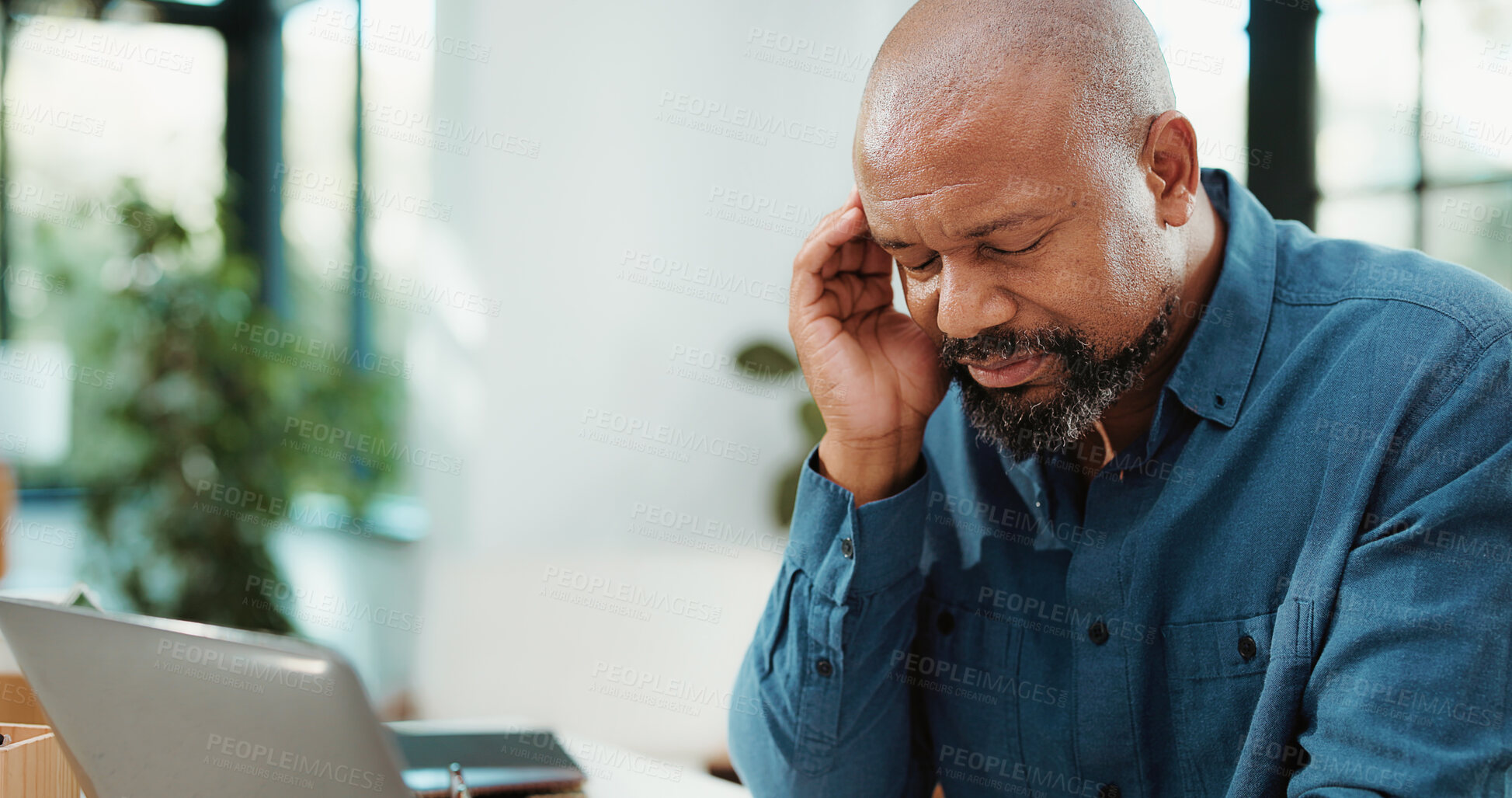 Buy stock photo Stress, headache and black man in office with laptop for mistake, error or failure on finance report. Computer, migraine and African financial manager with fatigue for investment deal in workplace.