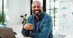 Happy, black man and portrait with analyst for company development, finance or revenue service. Businessman, accountant or financial planner with smile for statistics, analytics or performance review