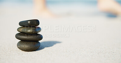 Buy stock photo Balance, peace and travel with stones on beach for holistic wellness, environment and feng shui. Tranquility, mindfulness and zen energy and elements with rocks outdoor for nature, pillar and space