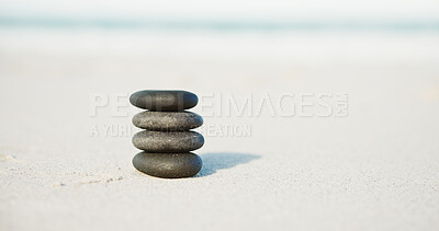 Buy stock photo Beach, stone tower and stack with sand, nature and meditation practice for balance. Empty, ocean and wellness with chakra, zen and rocks for patience, spiritual tribute and equilibrium with shoreline