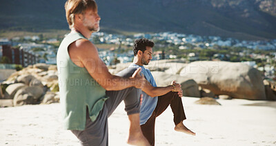 Buy stock photo Personal trainer, leg stretching and people outdoor for exercise, fitness training and warm up routine. Health coach, workout and men with activity for muscle mobility, posture and wellness support