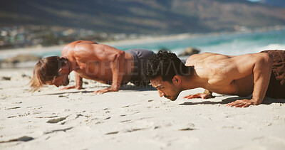 Buy stock photo Personal trainer, fitness or people on beach with push up, summer training or strength workout routine. Coach, exercise support or men with calisthenics activity for muscle gain, outdoor or challenge