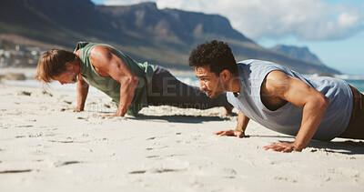 Buy stock photo Personal trainer, fitness or men on beach with push up, summer training or strength workout routine. Coach, exercise support or people with calisthenics activity for muscle gain, outdoor or challenge