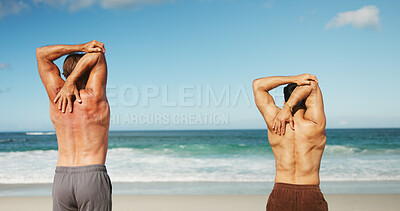 Buy stock photo Personal trainer, arm stretching and men by beach, fitness training and warm up routine for wellness, Coach, back or people with workout activity to improve muscle mobility, posture or support by sea