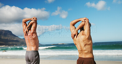 Buy stock photo Instructor, arm stretching and people by beach, fitness training or warm up routine for wellness. Coach, back or men with workout activity for muscle mobility, flexibility challenge or support by sea